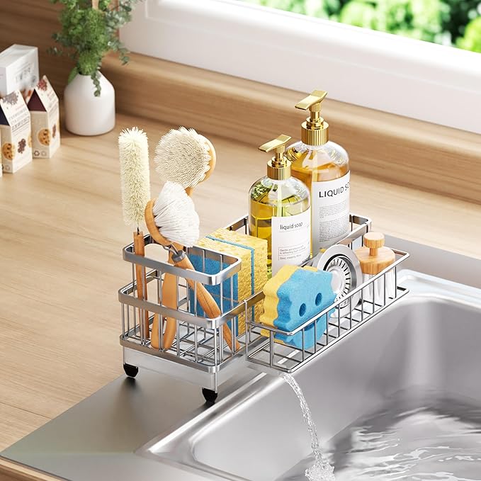 Consumest Sponge Holder for Kitchen Sink - Auto Draining Sink Caddy Organizer with Detachable Rack, High Brush Holder, Kitchen Countertop Storage Accessories, Silver-Large
