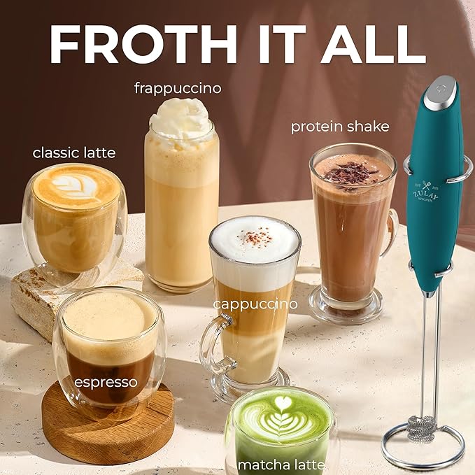 Zulay Kitchen Powerful Milk Frother Wand With Duracell Batteries - Ultra Fast Handheld Drink Mixer - Electric Whisk Foam Maker for Coffee, Lattes, Cappuccino & Matcha - Triple Whisk - Reign Emerald