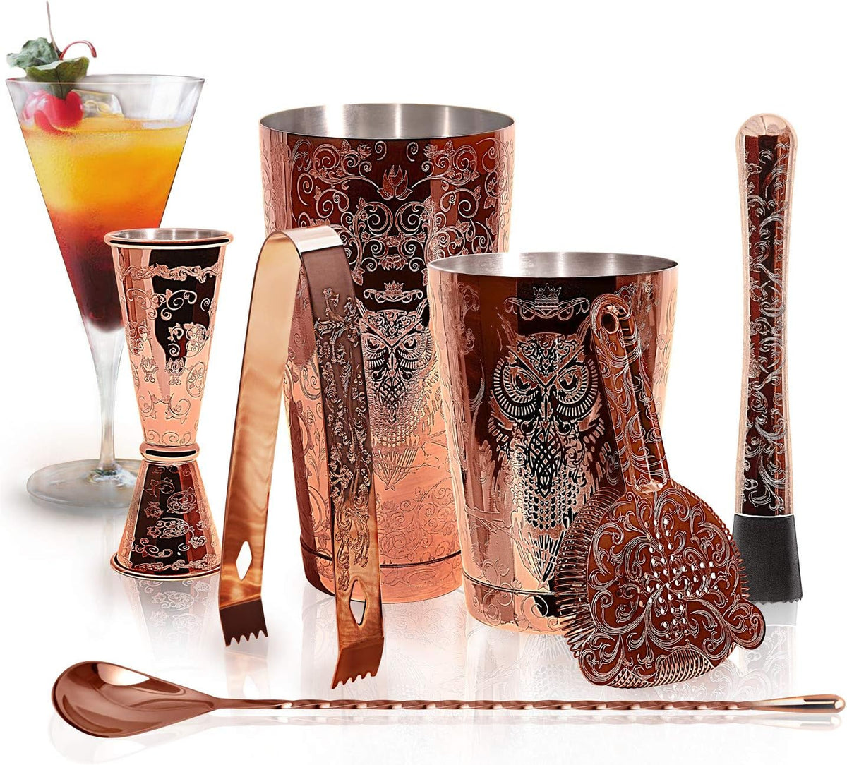 Bartender Kit Cocktail Shaker Set-6 Pieces Stainless Steel Copper Plated Etching Bar Tools with Boston Shaker Tins,Mixing Spoon,Mojito Muddler,Jigger,Hawthorne Strainer,Ice Tongs