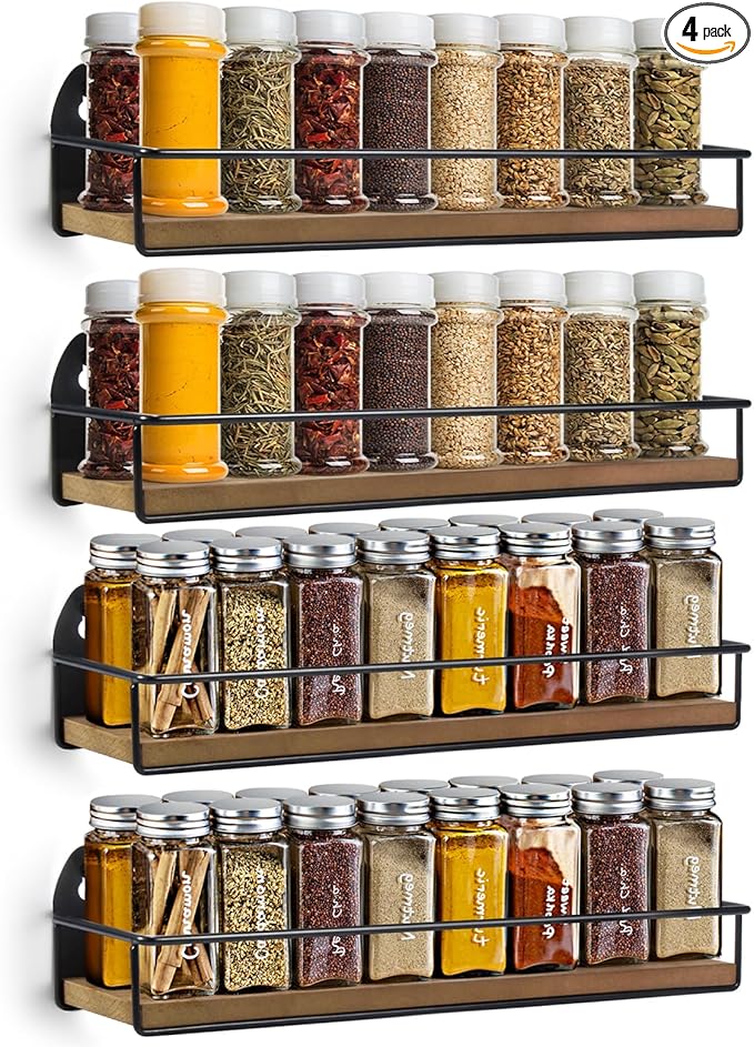TJ.MOREE 4 Pack Spice Rack Wall Mounted Rustic Style Hanging Spice Organizer for Wall, Kitchen Spice Storage, Black