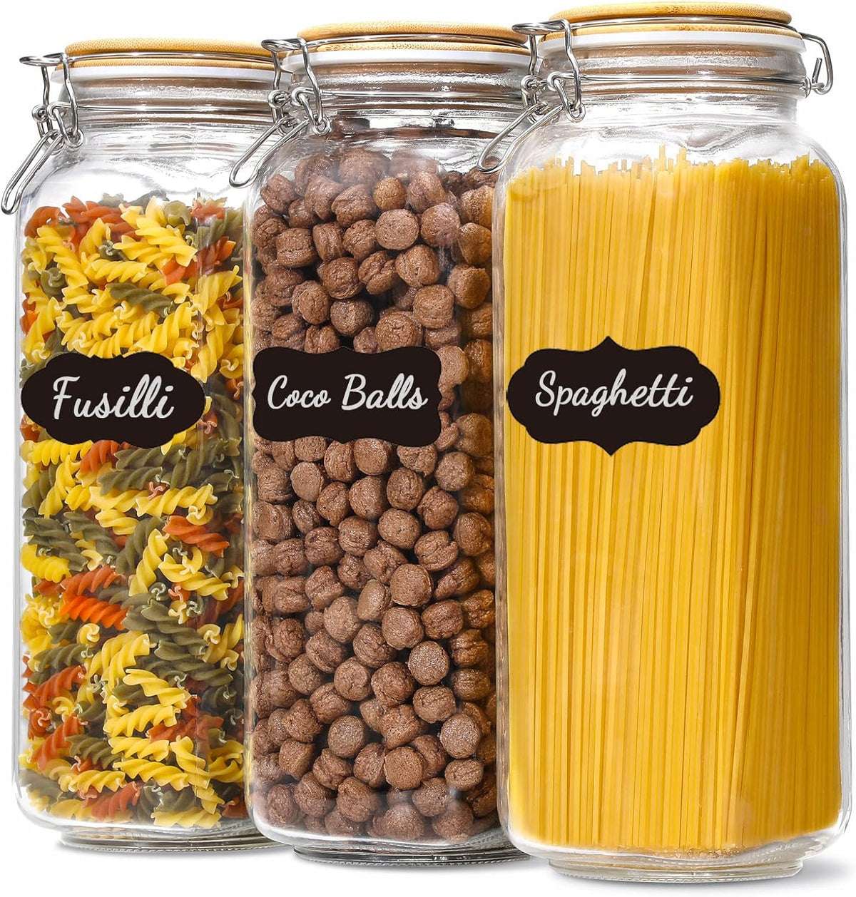 [ Taller ] 92oz Glass Jars with Airtight Lid, Large Glass Food Storage Jars, 3 Pack Wide Mouth Airtight Glass Jars for Kitchen Pantry Spaghetti, Square Mason Jars with Labels