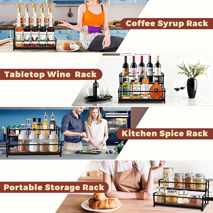 Coffee Syrup Rack Organizer - Metal Bottle Holder for 10 Bottles – Rustic Countertop Display Shelf for Coffee Bar, Kitchen Cabinet, Pantry Storage for Syrups, Liquor, Spice, Tea & Wine (2-Tier)
