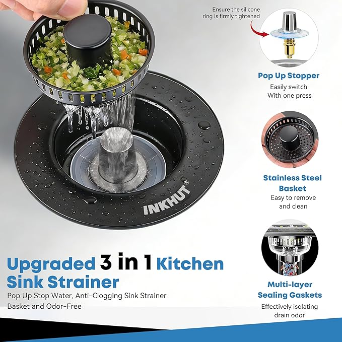 Upgraded 3 in 1 Kitchen Sink Drain Strainer - Stainless Steel Sink Stopper, Anti-Clogging Food Catcher Basket, Sink Bounce Core Drain Strainer Plug for US Standard 3 1/2 inch Drain (Black)