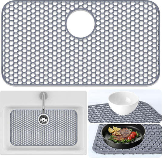 Sink Protectors Mat - 25.79"x13.98" Kitchen Sink Pad for Bottom of Basin for Protection of Stainless Steel and Tableware, Farmhouse Rubber Basin Mat Protector with Rear Drain - Light Gray