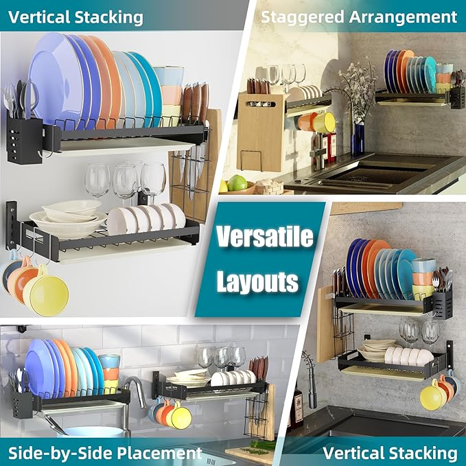 Hanging Wall Mounted Dish Drying Rack, Cutting Board Rack*1, Hook*4, Drain Tray*2, Apartment & RV Wall Mounted Dish Rack, Small Kitchen & Clean Countertop Solution, Multiple Layouts, Black