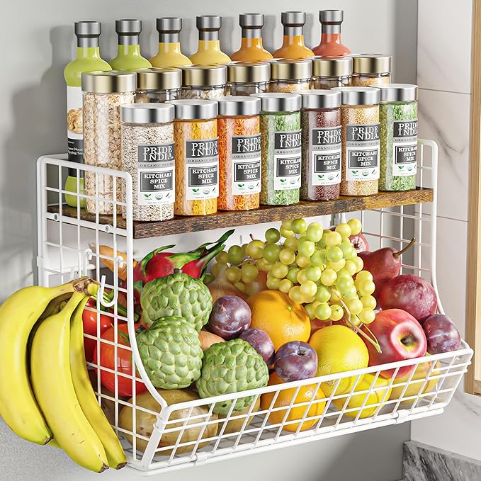Magnetic Shelf for Fridge with Wood Lid, Fruit Potato and Onion Storage Bins, Pantry Organizers and Storage, Strong Magnetic Spice Rack for Refrigerator, Kitchen Counter and Laundry Room (X-Large)