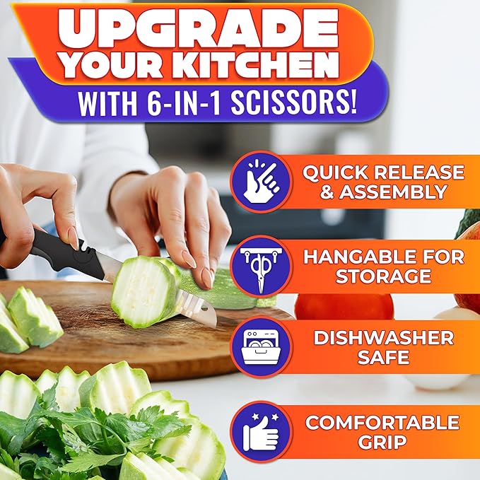 Cutting Board Scissors for Food – 6-in-1 Kitchen Shears with Ribbed Blade, Automatic Spring & Safety Lock, Dishwasher Safe – Cheese Scissors for Easy Slicing of Meat, Fish, Veggies, Fruits & Bread