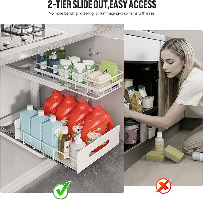 Under Sink Organizer Upgrade To Professional Rails,2-Tier Dual Pull Out Cabinet Storage,Height Adjustable Slide Out Drawers For Bathroom Kitchen,2 Pack-14.5" Dx12.8-16.9" H,White