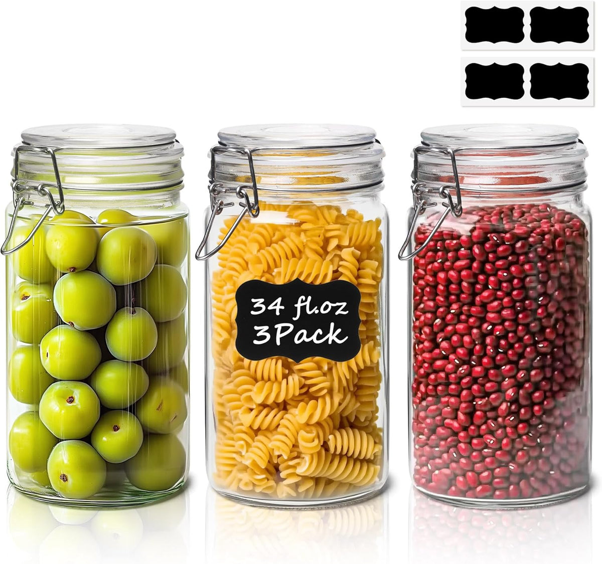 Glass Pantry Jars with Airtight Lids 34 oz 3 Pack Coffee Canisters