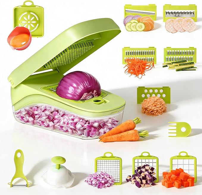 Thalirem 17-in-1 Vegetable Chopper, Mandoline Slicer with Container & 4 Blades - Multi-Function Food Grater for Chopping, Slicing, Dicing Onion, Potato, Cheese - Space Saving Kitchen Gadgets