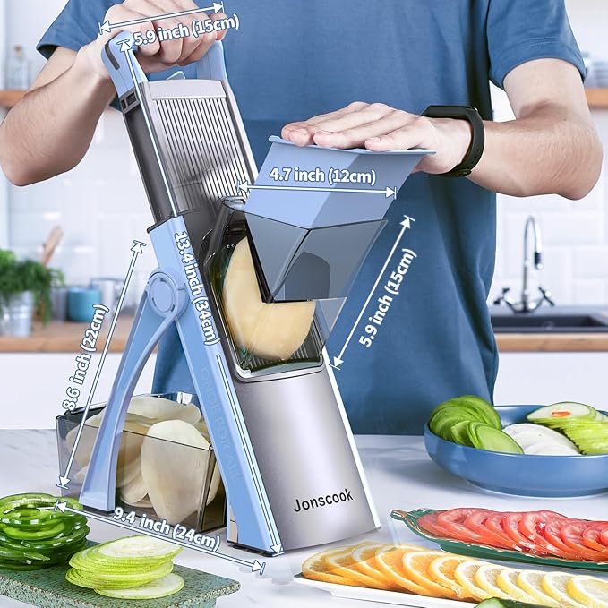 Jonscook All-in-1 Update Safe Mandoline Slicer for Kitchen, Food Chopper with Container, Thickness Adjustable Vegetable Chopper, Potato French Fry Cutter Tomato Apple Slicer Onion (Blue)