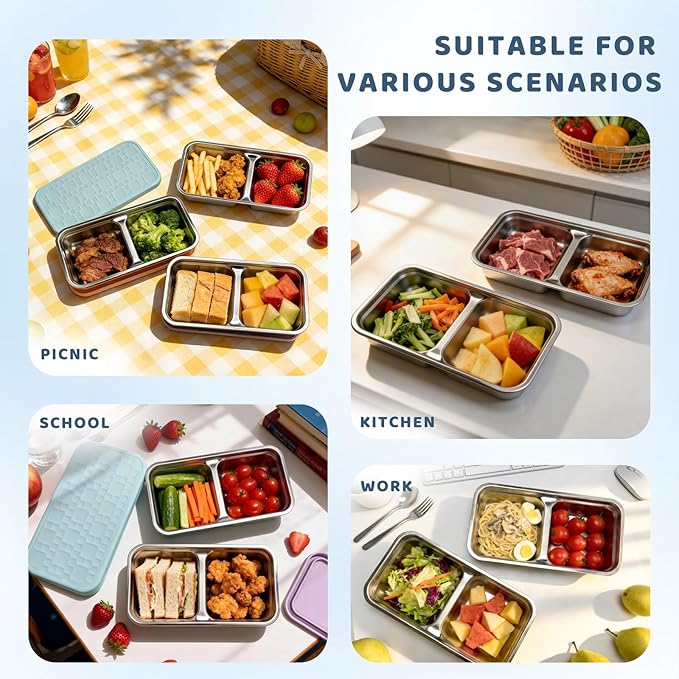 3 Pack 15 oz Stainless Steel Snack Containers for Kids, Reusable Metal Snack Containers with Silicone Lids, 2 Compartment Stackable Metal Toddler Lunch Box for Daycare, School and Outdoor