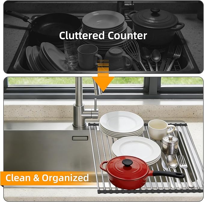 Dish Drying Rack, Roll Up Dish Drying Rack Over The Sink, 17" x 15.7", Dish Racks for Kitchen Counter, Black