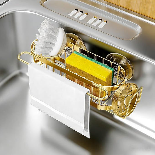 Cisily Kitchen Sink Caddy Sponge Holder in The Sink, Suction cup-Gold