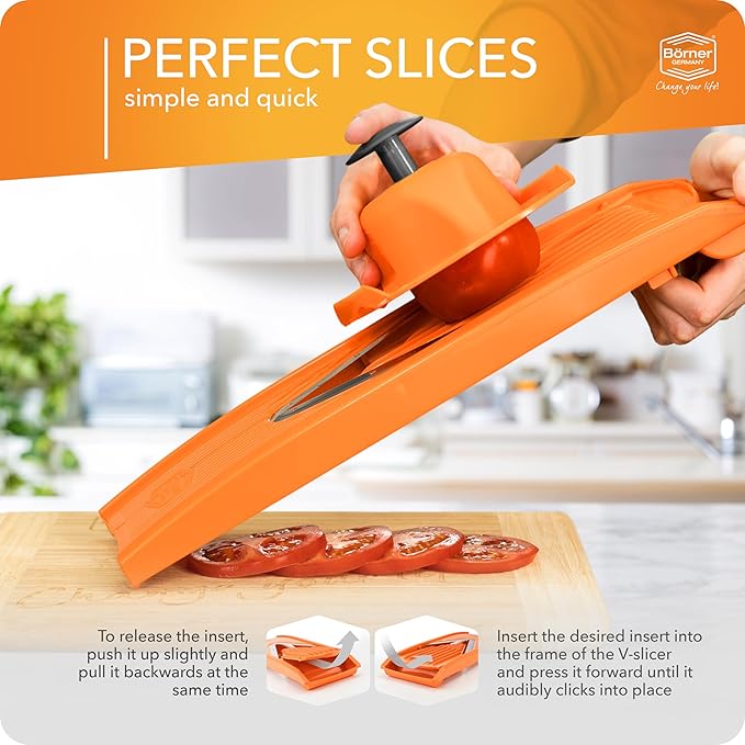 Börner Mandoline Slicer V1 (Basis Set) • V-Slicer with 2 Inserts & Fruit Holder • Adjustable Kitchen Slicer for Vegetables & Fruits • Vegetable Cutter • 3 Thickness Settings • Color: Orange