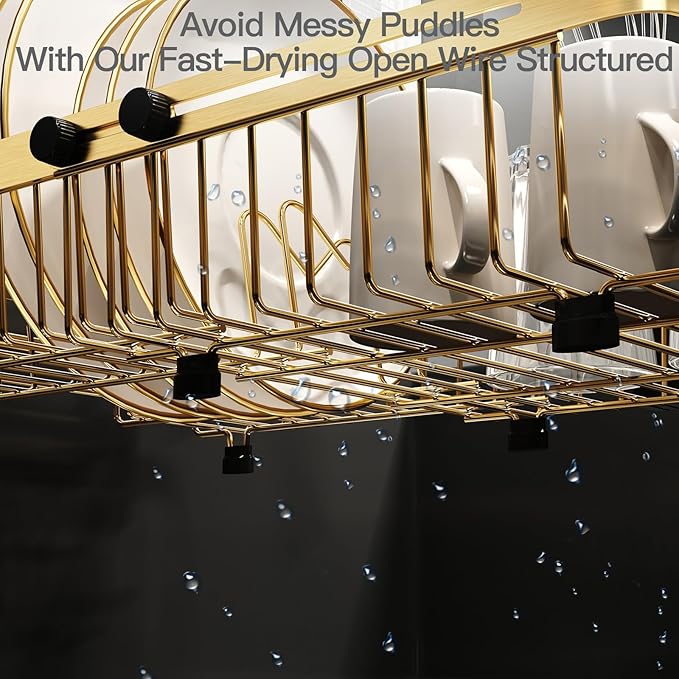 MAJALiS Gold Dish Drying Rack Over The Sink, Expandable Stainless Steel Dish Drainer for Small Kitchen Counter Space Saving, RV Compact Plate Strainer in Metal with Hanging Adjustable Utensil Holder