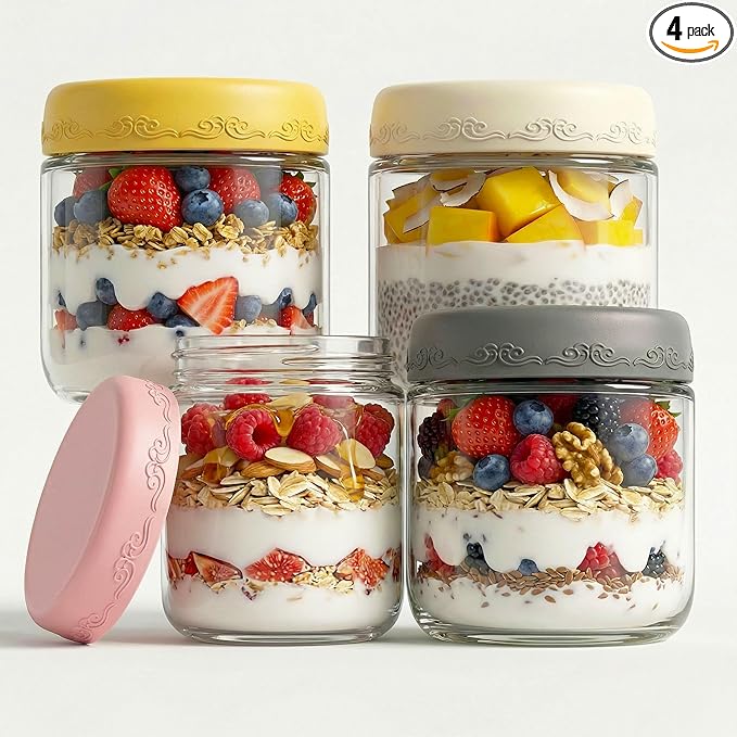 10 OZ 4Pack, Overnight Oats Jars with Lids, Glass Meal Prep Containers, Airtight Mason Jars for Breakfast, Yogurt Parfait, Salad & Smoothies, Leakproof and Reusable Food Storage Jars(4-2)