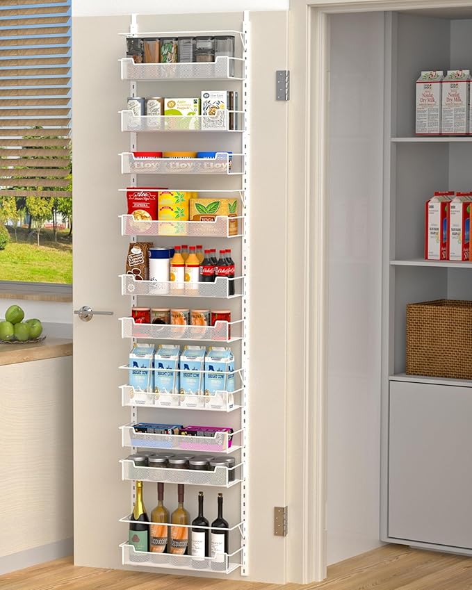 VyGrow Over the Door Pantry Organizer, 10-Tier Over the Door Organizer with Adjustable Basket, Pantry Door Organization for Pantry Kitchen Storage Room Spice Rack, White