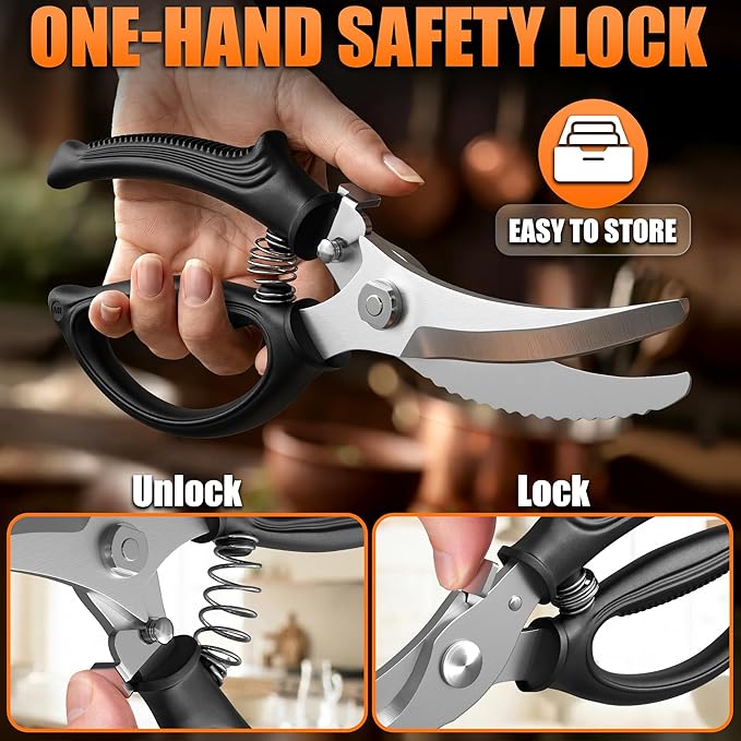 Poultry Shears Heavy Duty – Stainless Steel Chicken Shears with Spring Loaded Design, Non-Slip Serrated Edge & Safety Lock, Dishwasher Safe – Bone Cutting Scissors for Turkey, Poultry & Spatchcock