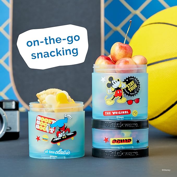 Whiskware Disney Mickey Mouse and Friends Stackable Snack Containers for Babies, Toddlers, and Kids, 3 Stackable Snack Cups for School and Travel, Cupholder Friendly, Squad!