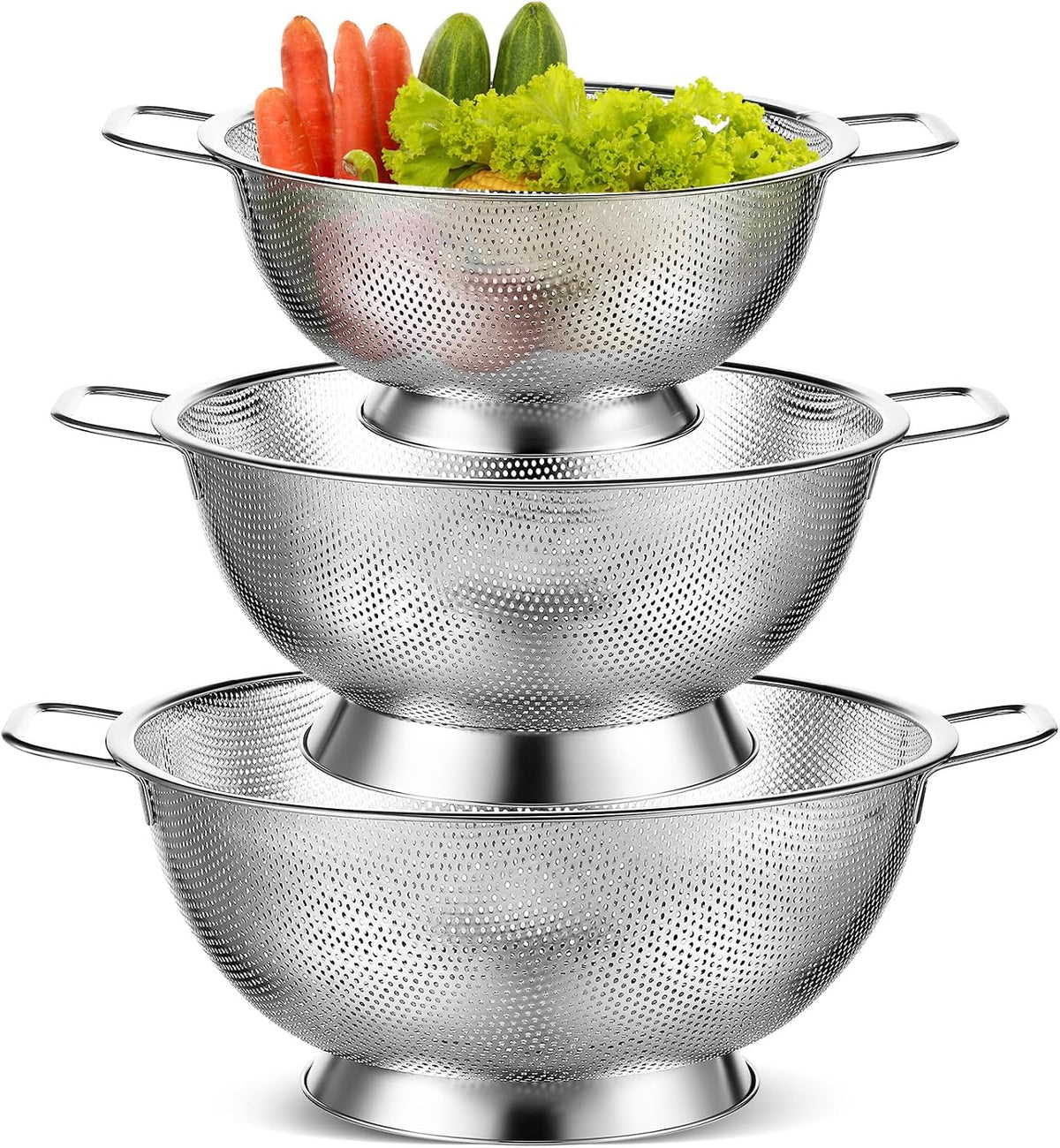 3 Pcs Stainless Steel Colander Set Metal Mesh Strainers, Silver