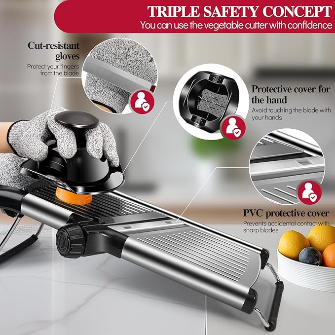Masthome Mandoline Food Slicer Adjustable Thickness for Cheese Fruits Vegetables Stainless Steel Food Cutter Slicer Dicer with Extra Brush and Blade Guard for Kitchen