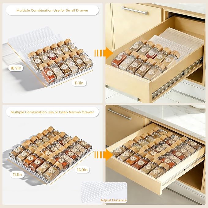 UFORU Acrylic Spice Drawer Organizer 4 Tier(4 Packs), Expandable from 11" to 22" Seasoning Organizer Tray for Kitchen - Clear Tiered Spice Rack for Drawer, No Assembly Required(Jars Not Included)