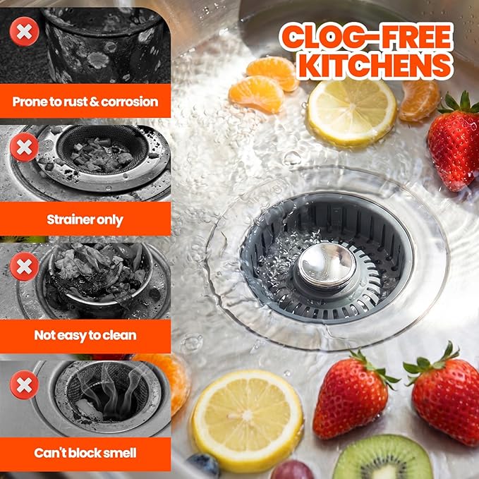 2 Pack Sink Drain Strainer - Sink Stopper, 3 in 1 Stainless Steel Kitchen Drain Plug with Deep Anti-Clog Basket and Odor-Blocking Seal, Pop-Up Design Fits Standard 3-1/2 Inch Sink