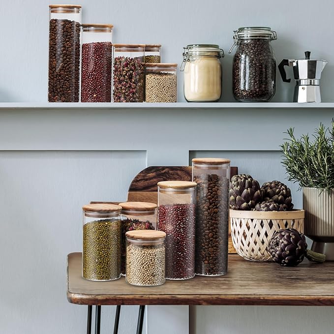 Qinyoung Glass Storage Jars with Wooden Lids, 4 Sizes Food Storage Containers Clear Stackable Canisters Airtight Glass Jars for Candy Cookie (Clear, Dark Brown, 15oz 25oz 34oz 42oz, 24 Pcs)