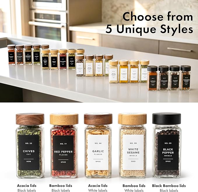 EDELHAUS® Square Spice Jars with Bamboo Wooden Lid (Pack of 24) Spice Jars with Shaker Insert and 240 Labels - Bamboo Lid Glass Container for Spice Organisation [4.3 in × 1.8 in]