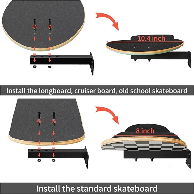 Skateboard Wall Mount, Longboard Skateboard Deck Rack Mount on Wall, Skateboards Floating Shelves Brackets, 4 Pack