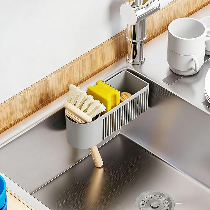 SuoXing Inside Sink Sponge Holder,Grey Rustproof Sink Caddy and Scrub Holder for Kitchen Sink with Suction Cup,Adhesive,Plastic Dish Sink Organizer for Scrub Brush,Scrubber,Dish Sponge,Spinge Holder