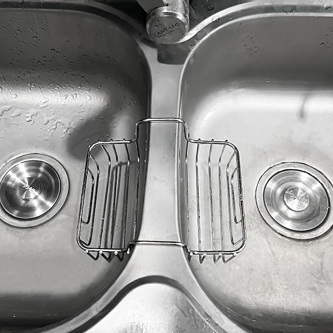 BuleVina Stainless Steel Sponge Holder for Kitchen Sink - Never Rust Hanging Saddle Double for Soap Kitchen Sink Caddy 2.2 inch, Rustproof Organizer for Dishwashing and Brush Drying