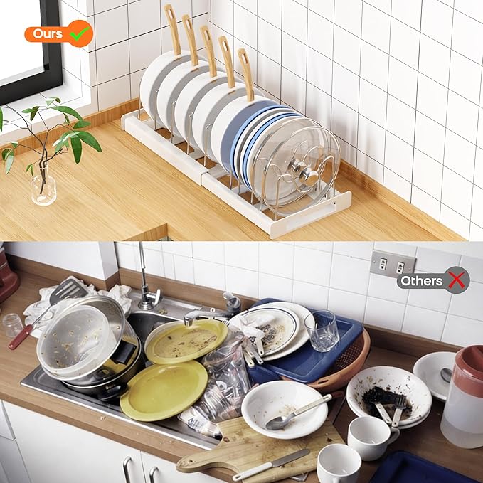 Nigelia Pots and Pans Organizer for Under Cabinet 22" Expandable Food Storage Container Lid Organizers with 10 Adjustable Dividers Pot and Pan Lid Holders Rack Inside Cabinet&Kitchen Countertop(White)