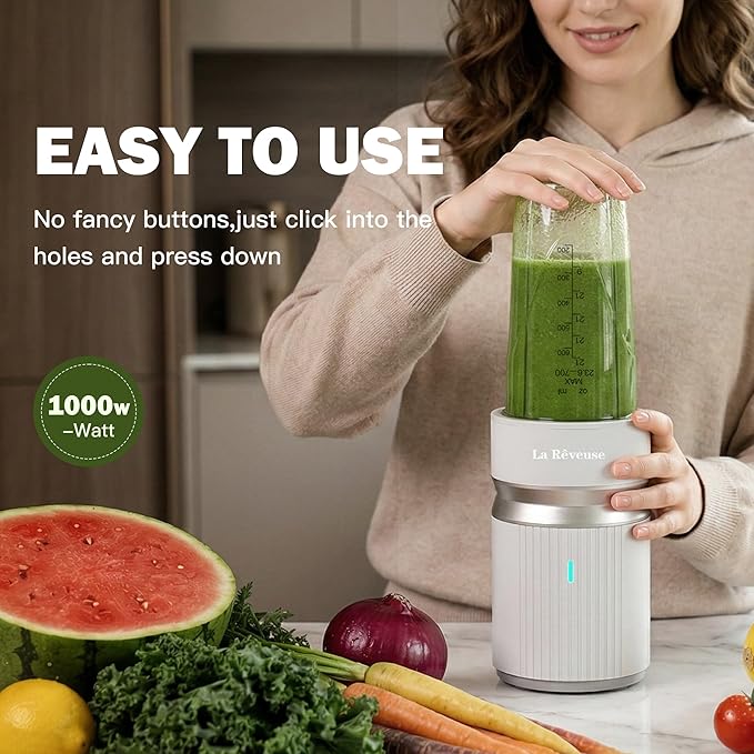 La Reveuse Smoothie Blender for Shakes,Smoothies,Frozen Blending,Salsa,Sauces,Dips,(1) 24oz Cup,(1) Spout Lid,(1) Handled Comfort Lip Ring,1000W,Cool Gray