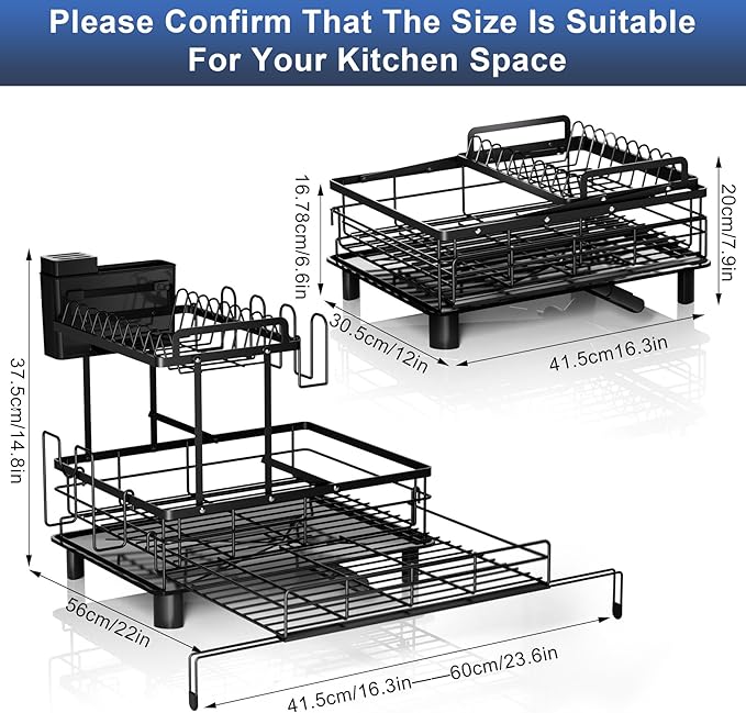 2 Tier Dish Drying Rack - Expandable Dish Rack Over Sink, 304 Stainless Steel Dish Rack for Kitchen Counter, Dish Drainer w Utensil Holder, Drainboard & Cups Holder, Anti-Rust & Space Saving