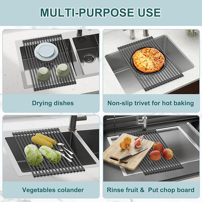 Roll Up Dish Drying Rack, Silicone Wrapped Over The Sink Multipurpose Foldable Dish Drainer Anti-Slip Coated Stainless Steel Dish Racks for Kitchen Counter, Sink Drying Rack (Black, 17.3" x 12.4")