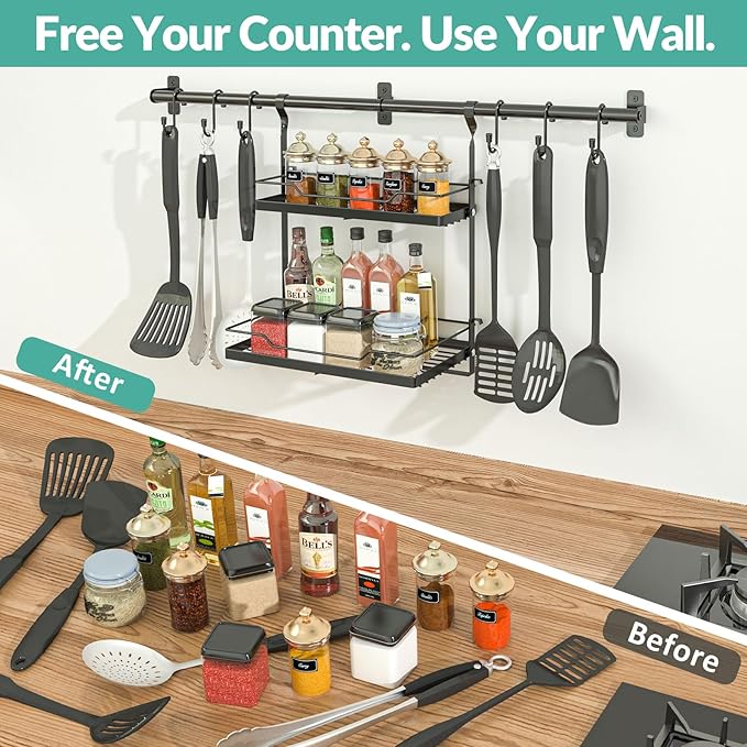 NADAMOO Spice Rack Wall Mount, 2-Tier Storage Shelf with Towel Bar, Utensil Hanger with Hooks for Kitchen, Bathroom, Pantry, Laundry, Matte Black Heavy Duty Metal Organizer