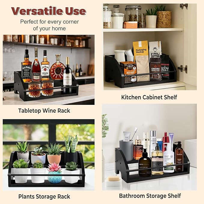 Mini Coffee Syrup Rack – Syrup Bottles Holder for Coffee Bar, Liquor Bottle Display Shelf - Rustic Kitchen Cabinet, Wooden Countertop Organizer for Spirits, Tea, or Coffee (2-Tier)