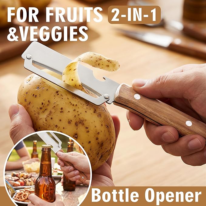 2 Pack Vegetable Peeler, Multi Functional Premium 2-in-1 Potato Peelers, with Wooden Handle & Bottle Opener, Stainless Steel Kitchen Tool for Fruit Potato Pumpkin Papaya, Pare Necessary Kitchen Tools