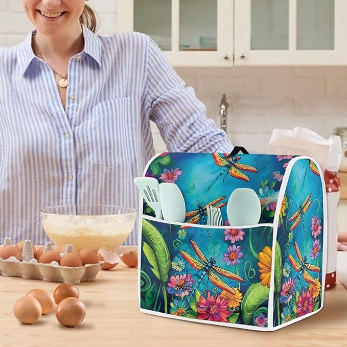 Dragonfly Mixer Cover | Dust & Oil Resistant Protector with Handle & Pocket | 6-8 Quart Kitchen Appliance Cover for Home Decor
