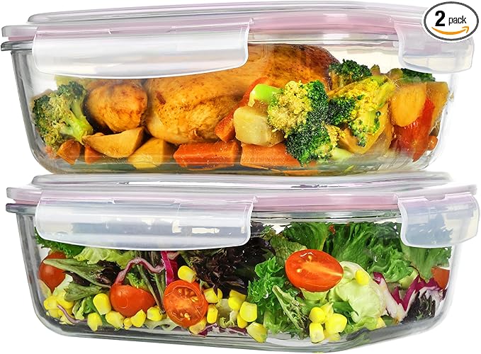 Vtopmart 2Pack 2260ml/ 76.4oz Large Glass Storage Containers with Lids, Meal Prep Food Container Set with Snap Airtight Lid for Baking, Microwave, Oven, Leak Proof, for Freezer, Dishwasher, Pink