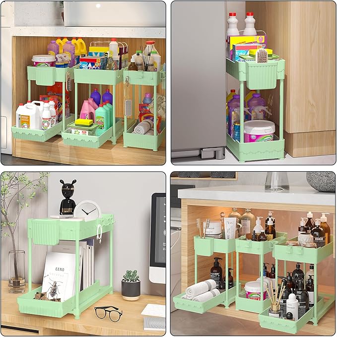 Sevenblue 3 Pack Under Sink Organizers, 2-Tier Multi-Use Kitchen and Bathroom Organizers and Storage with Sliding Drawers，Bathroom Cabinet Organizer (Green, 12.8 Inch)
