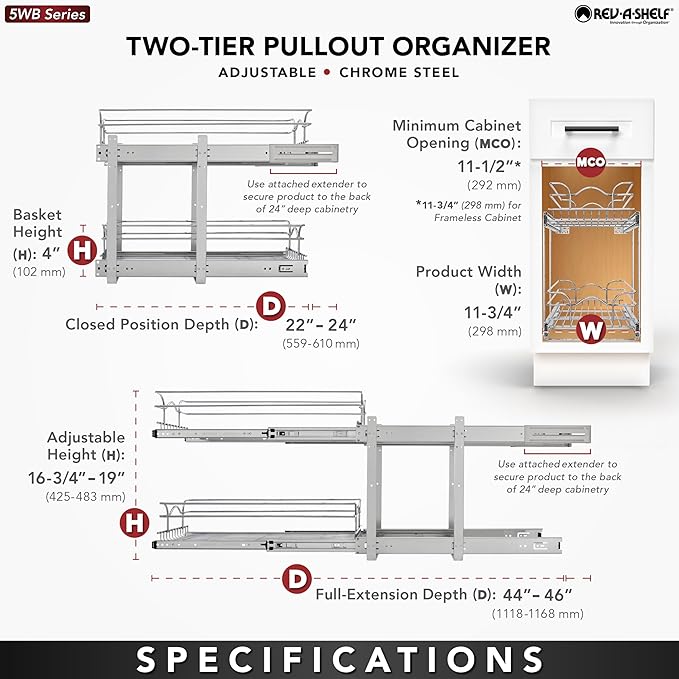 Rev-A-Shelf 2-Tier Pullout Shelf and Drawer Organizer for Kitchen Cabinets, Slide Out Storage Basket, Min Opening Width of 11.5", 12" x 22", 5WB2-1222CR-1