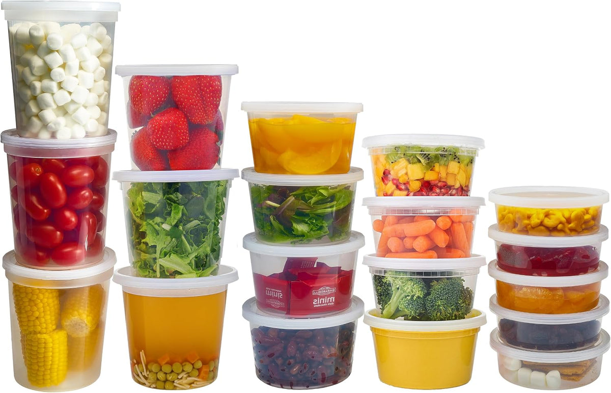 Food Storage Containers with Lids Freezer Deli Cups 90 Sets Expanded Combo Pack 8oz 12oz 16oz 24oz & 32oz BPA-Free Leakproof Round Clear Takeout Meal Prep Microwavable, Airtight Lids