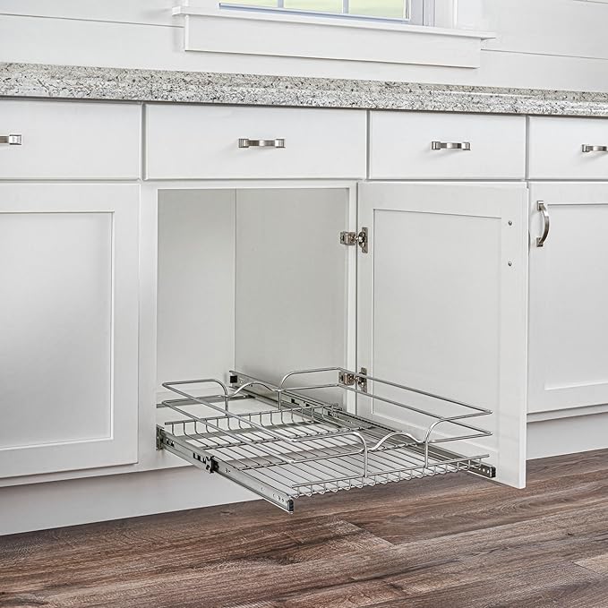 Rev-A-Shelf Steel Wire Pullout Drawer Organizer Shelf for Kitchen Cabinets, Slide Out Storage Basket, Min Opening Width of 17.5", 18" x 20", 5WB1-1820CR-1