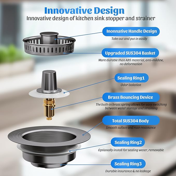 NinjaTiger Kitchen Sink Drain Strainer - 2-Pack 3-in-1 Stainless Steel Kitchen Sink Stopper Pop-Up Sink Drain Strainer Basket Kitchen Sink Stopper for US Standard 3-1/2'' Drain | Gunmetal Gray