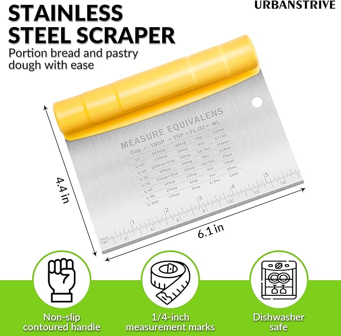 Urbanstrive Bench Scraper for Baking, Stainless Steel Dough Cutter and Scraper Tool Kitchen, Kitchen Scraper Food Scraper Tool Pizza Cutter Food Chopper, Multi-Purpose Kitchen Gadgets, Yellow