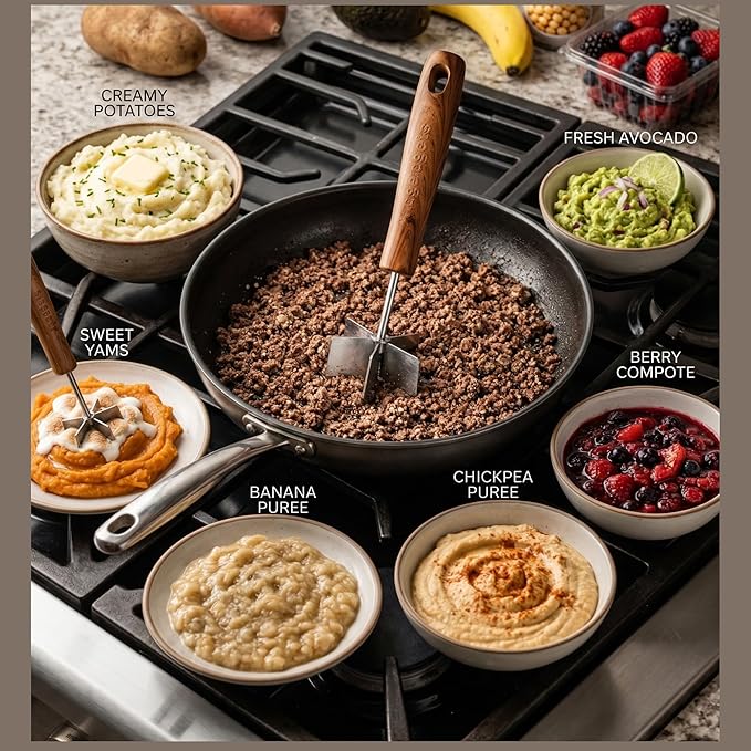 Large Stainless Steel Meat Chopper & Masher | Dishwasher Safe | 6-Blade Ground Beef Chopper Tool | Hamburger Smasher | Oversized Ergonomic Handle | Heat Resistant Grip - 10" (Walnut Wood Veneer 10")