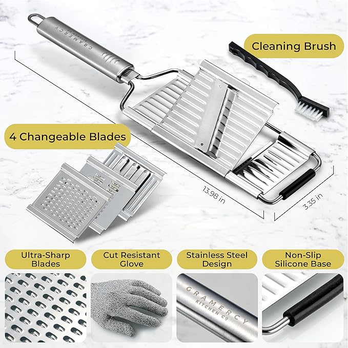 Gramercy Handheld Mandoline Slicer for Kitchen - Stainless Steel Veggie & Fruit Slicer with 4 Blades - Slicer, Julienne & Grater; Cut Resistant Safety Glove & Cleaning Brush Included; Dishwasher Safe